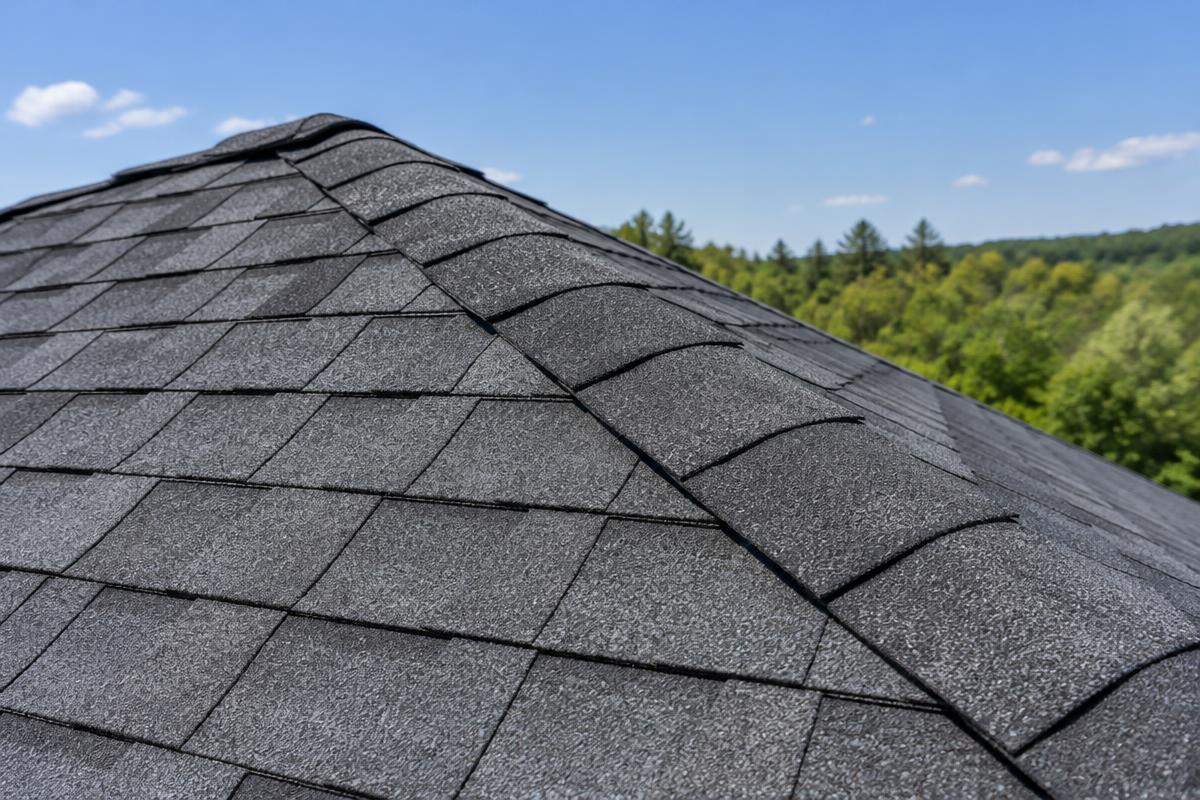Illustrative close-up of charcoal asphalt roofing shingles